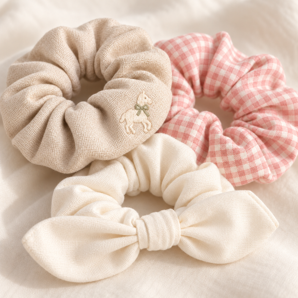 ponyinww™ Meadow Loop Embroidered Scrunchie Set — Cotton Hair Ties, Ponytail Holders & Bow Scrunchies, 3-Pack