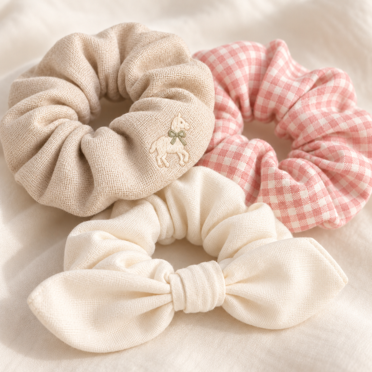 ponyinww™ Meadow Loop Embroidered Scrunchie Set — Cotton Hair Ties, Ponytail Holders & Bow Scrunchies, 3-Pack
