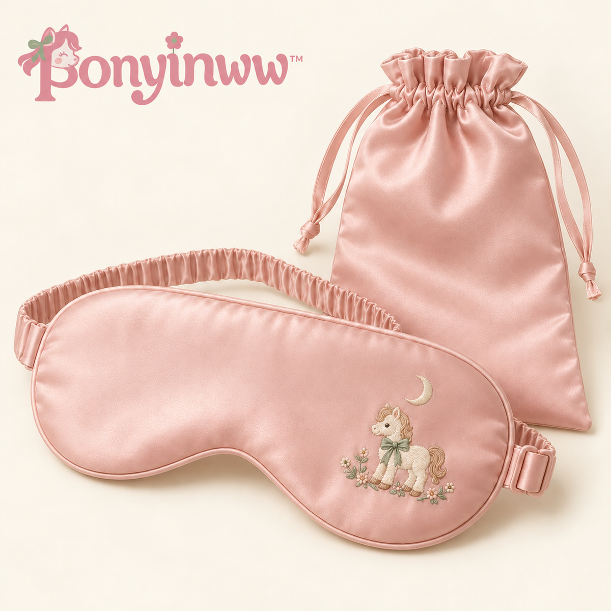 ponyinww™ Moon Pasture Satin Sleep Mask — Embroidered Pony Eye Mask, Adjustable Travel Eye Cover & Storage Pouch