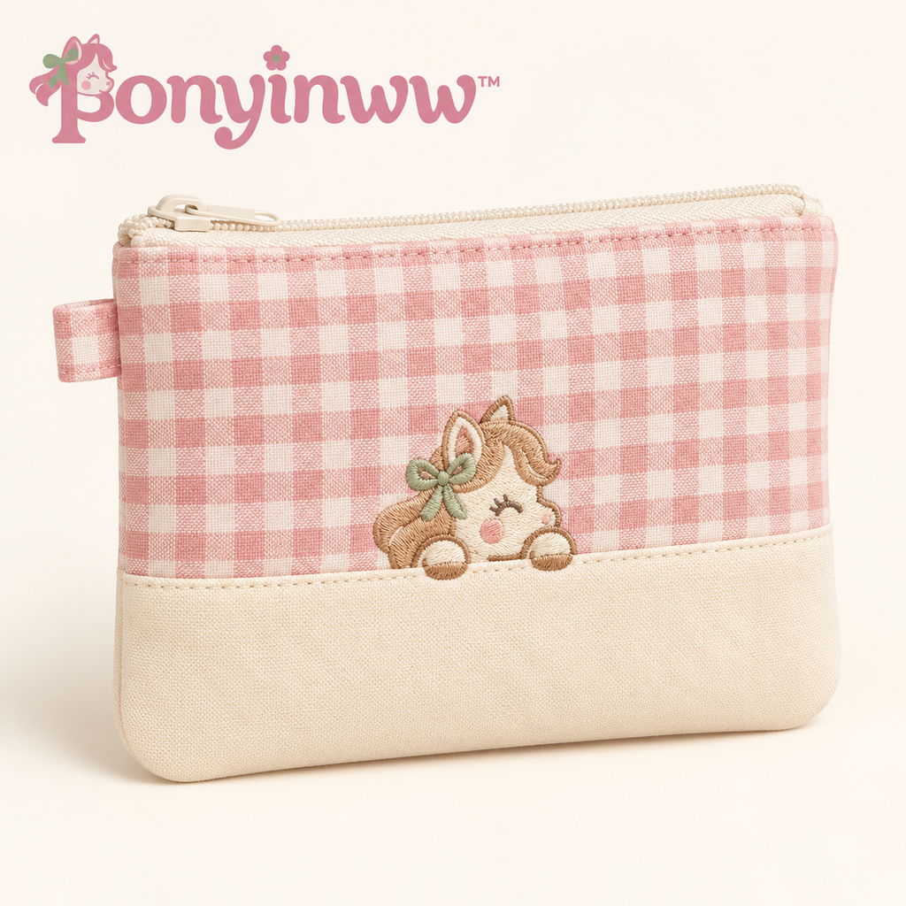 ponyinww™ Petal Pocket Zip Pouch — Gingham Coin Purse, Card Pouch & Small Embroidered Pony Wallet