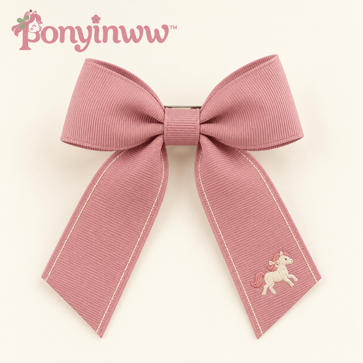 ponyinww™ Ribbon Trot Bow Barrette — Embroidered Pony Hair Clip, Grosgrain Bow & Half-Up Hair Accessory