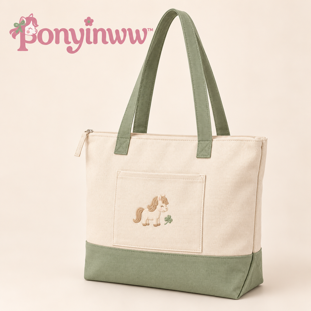 ponyinww™ Field Day Canvas Tote Bag — Embroidered Pony Shoulder Bag, Zippered Cotton Book Tote & Everyday Carryall