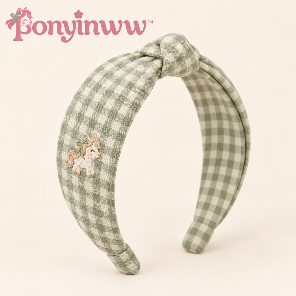 ponyinww™ Clover Path Knotted Headband — Cotton Gingham Headband, Embroidered Pony Hairband & Women’s Hair Accessory
