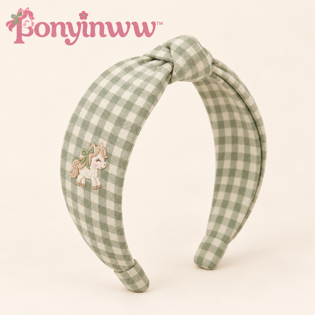 ponyinww™ Clover Path Knotted Headband — Cotton Gingham Headband, Embroidered Pony Hairband & Women’s Hair Accessory