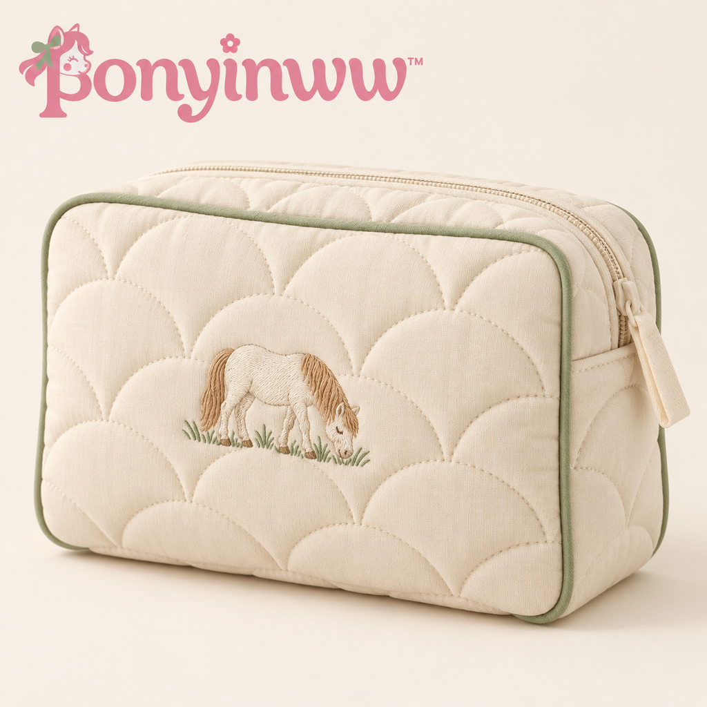 ponyinww™ Meadow Vanity Quilted Makeup Bag — Embroidered Pony Cosmetic Pouch, Toiletry Organizer & Travel Makeup Case