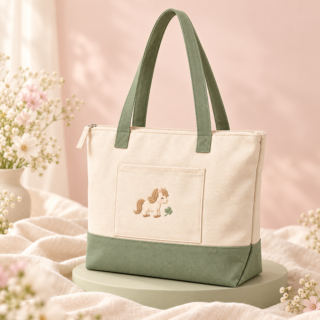 ponyinww™ Field Day Canvas Tote Bag — Embroidered Pony Shoulder Bag, Zippered Cotton Book Tote & Everyday Carryall