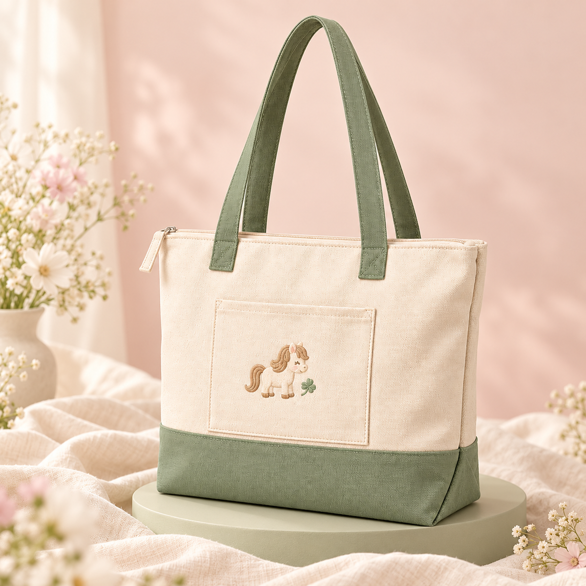 ponyinww™ Field Day Canvas Tote Bag — Embroidered Pony Shoulder Bag, Zippered Cotton Book Tote & Everyday Carryall