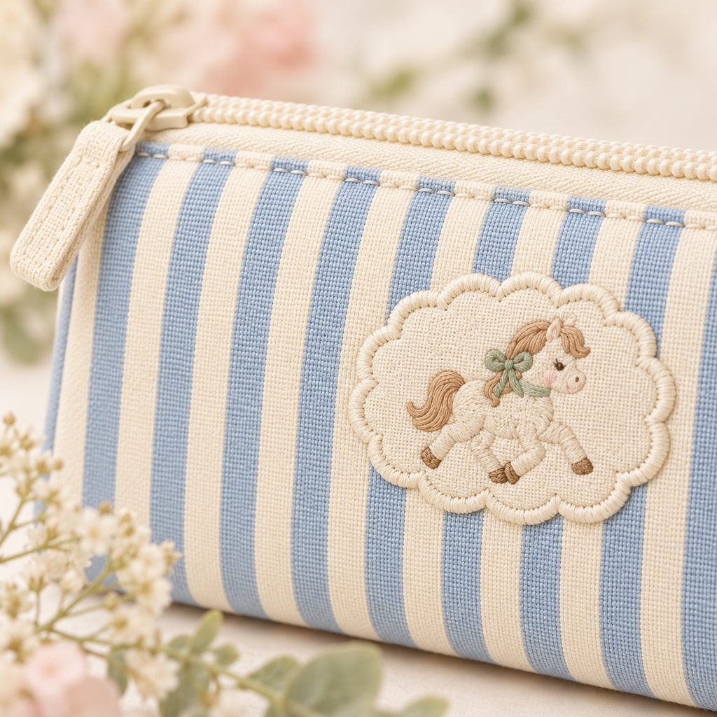 ponyinww™ Bluebell Desk Pencil Pouch — Striped Cotton Pencil Case, Embroidered Pony Pen Bag & Small Stationery Organizer