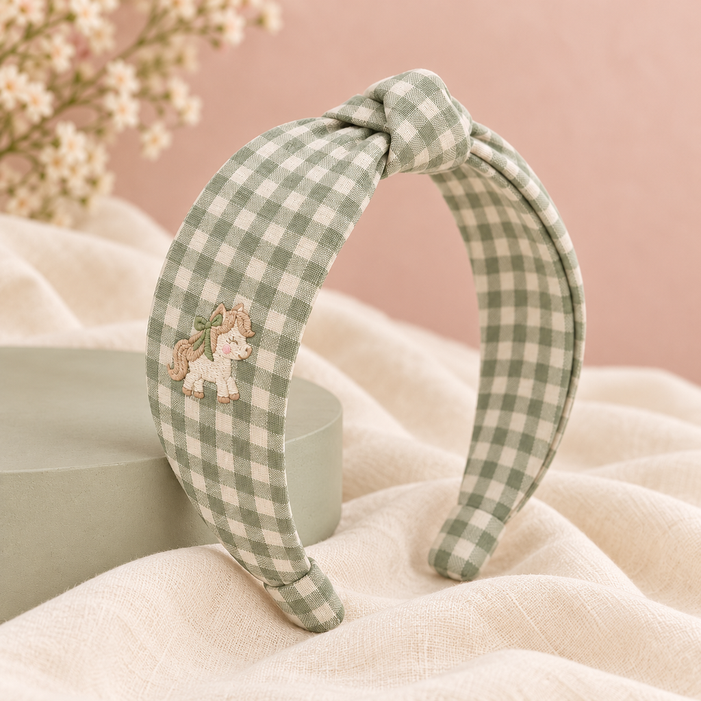 ponyinww™ Clover Path Knotted Headband — Cotton Gingham Headband, Embroidered Pony Hairband & Women’s Hair Accessory