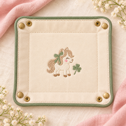 ponyinww™ Clover Corner Fabric Catchall Tray — Embroidered Pony Valet Tray, Snap-Corner Jewelry Holder & Desk Organizer