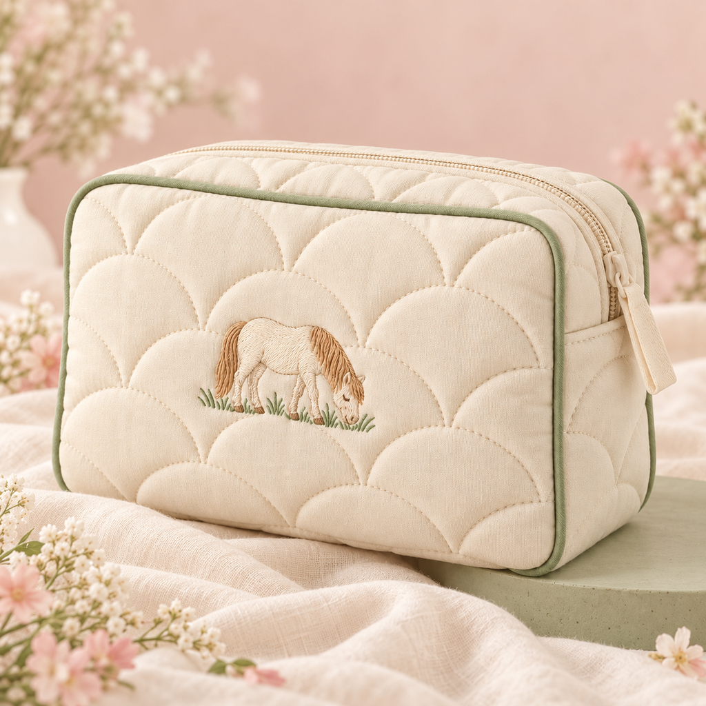 ponyinww™ Meadow Vanity Quilted Makeup Bag — Embroidered Pony Cosmetic Pouch, Toiletry Organizer & Travel Makeup Case