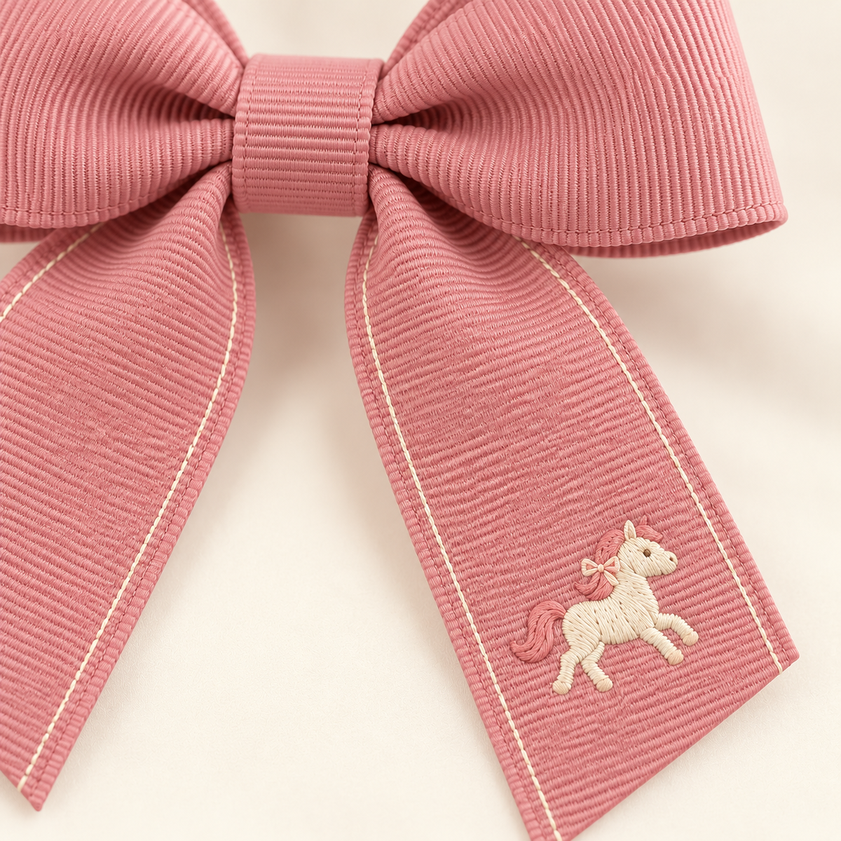 ponyinww™ Ribbon Trot Bow Barrette — Embroidered Pony Hair Clip, Grosgrain Bow & Half-Up Hair Accessory