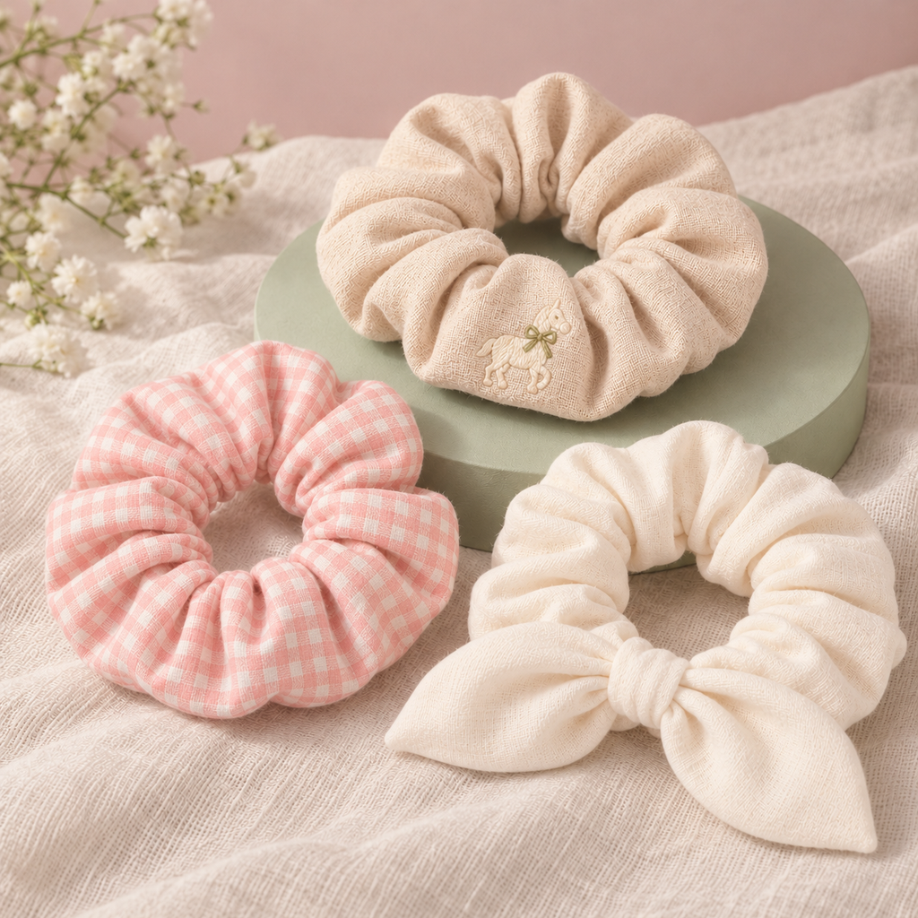 ponyinww™ Meadow Loop Embroidered Scrunchie Set — Cotton Hair Ties, Ponytail Holders & Bow Scrunchies, 3-Pack