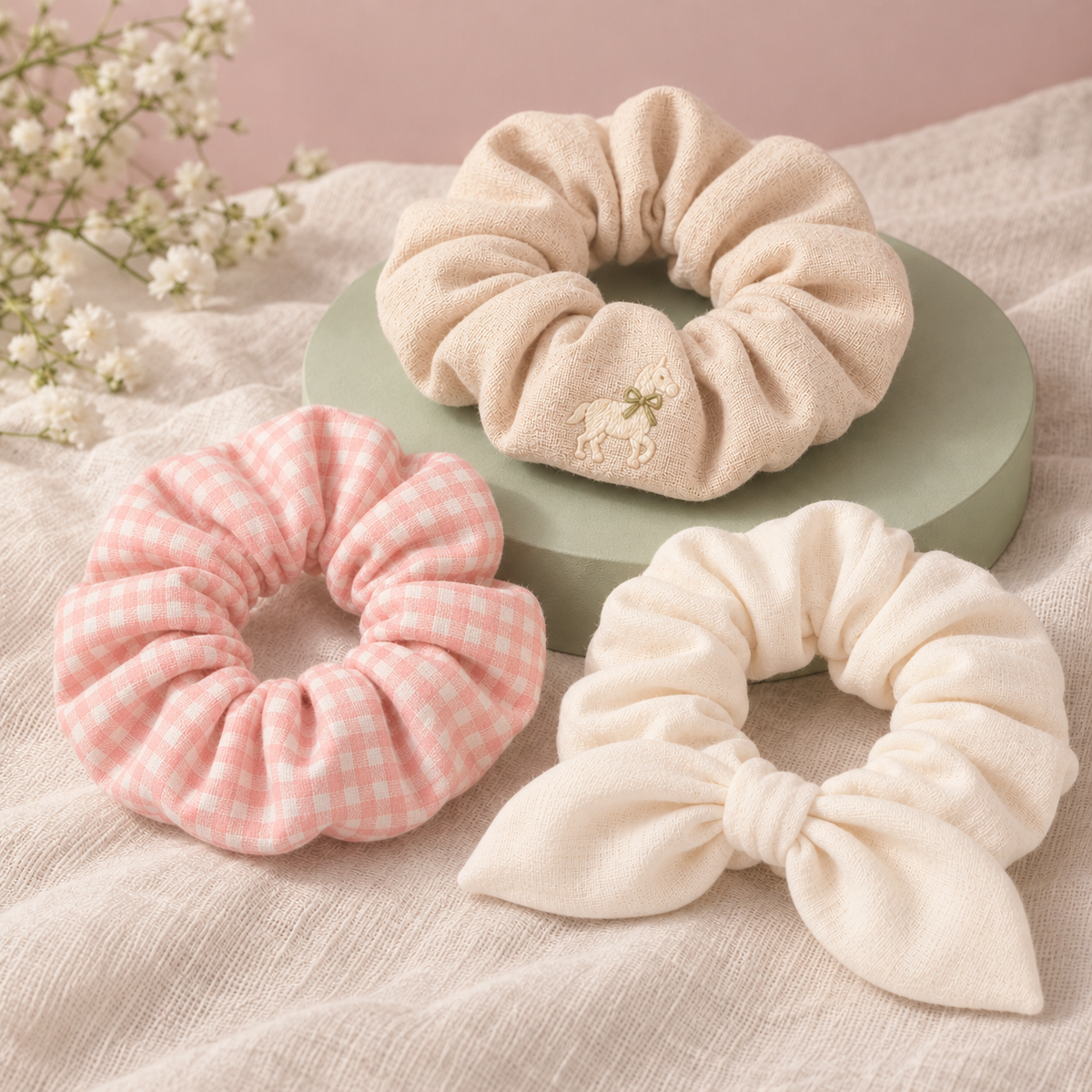 ponyinww™ Meadow Loop Embroidered Scrunchie Set — Cotton Hair Ties, Ponytail Holders & Bow Scrunchies, 3-Pack