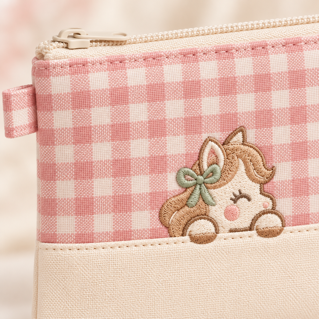ponyinww™ Petal Pocket Zip Pouch — Gingham Coin Purse, Card Pouch & Small Embroidered Pony Wallet