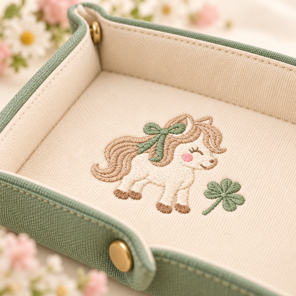 ponyinww™ Clover Corner Fabric Catchall Tray — Embroidered Pony Valet Tray, Snap-Corner Jewelry Holder & Desk Organizer