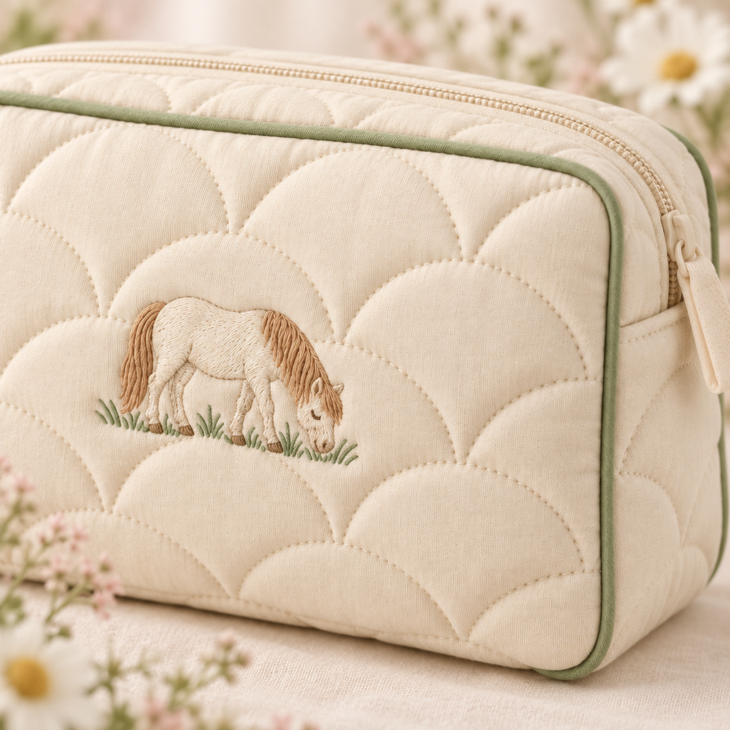 ponyinww™ Meadow Vanity Quilted Makeup Bag — Embroidered Pony Cosmetic Pouch, Toiletry Organizer & Travel Makeup Case