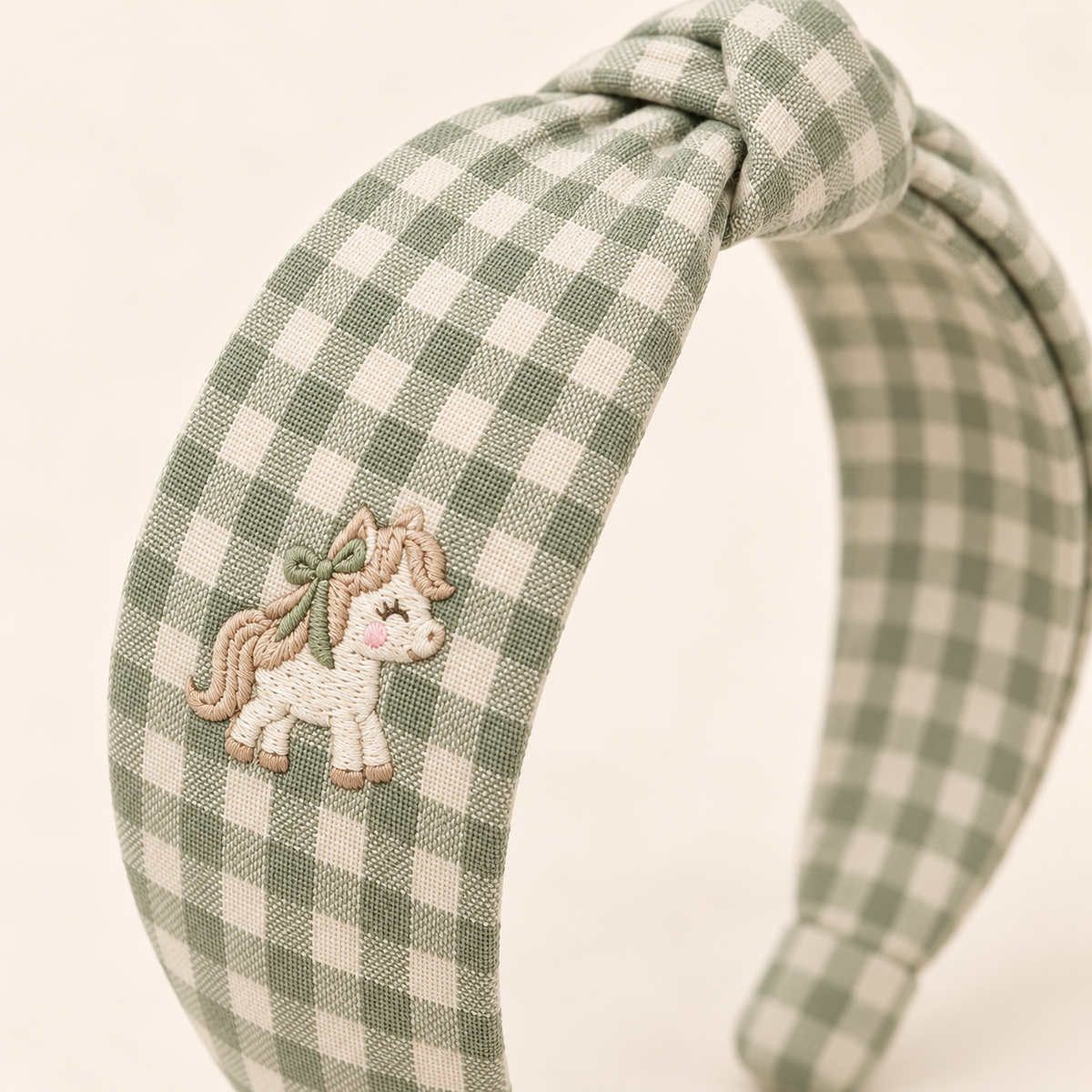 ponyinww™ Clover Path Knotted Headband — Cotton Gingham Headband, Embroidered Pony Hairband & Women’s Hair Accessory