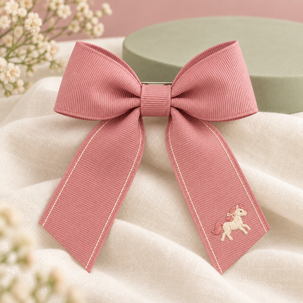 ponyinww™ Ribbon Trot Bow Barrette — Embroidered Pony Hair Clip, Grosgrain Bow & Half-Up Hair Accessory