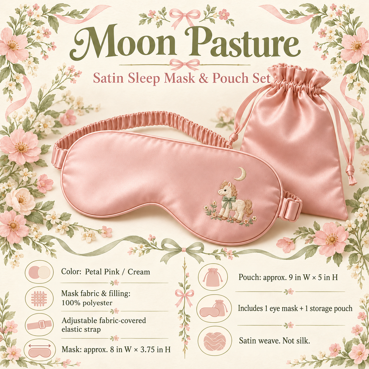 ponyinww™ Moon Pasture Satin Sleep Mask — Embroidered Pony Eye Mask, Adjustable Travel Eye Cover & Storage Pouch