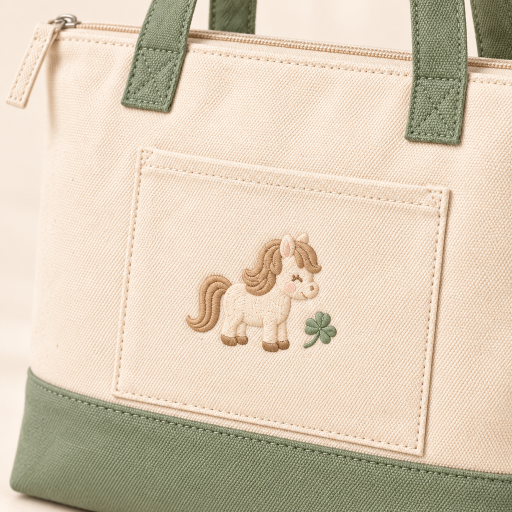 ponyinww™ Field Day Canvas Tote Bag — Embroidered Pony Shoulder Bag, Zippered Cotton Book Tote & Everyday Carryall