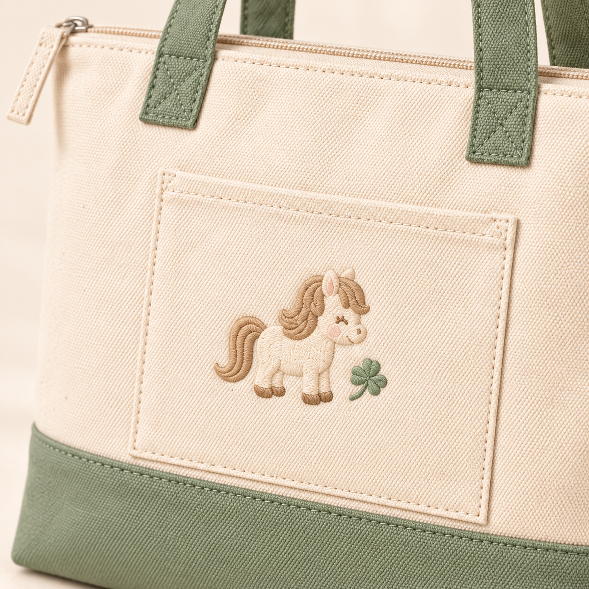 ponyinww™ Field Day Canvas Tote Bag — Embroidered Pony Shoulder Bag, Zippered Cotton Book Tote & Everyday Carryall