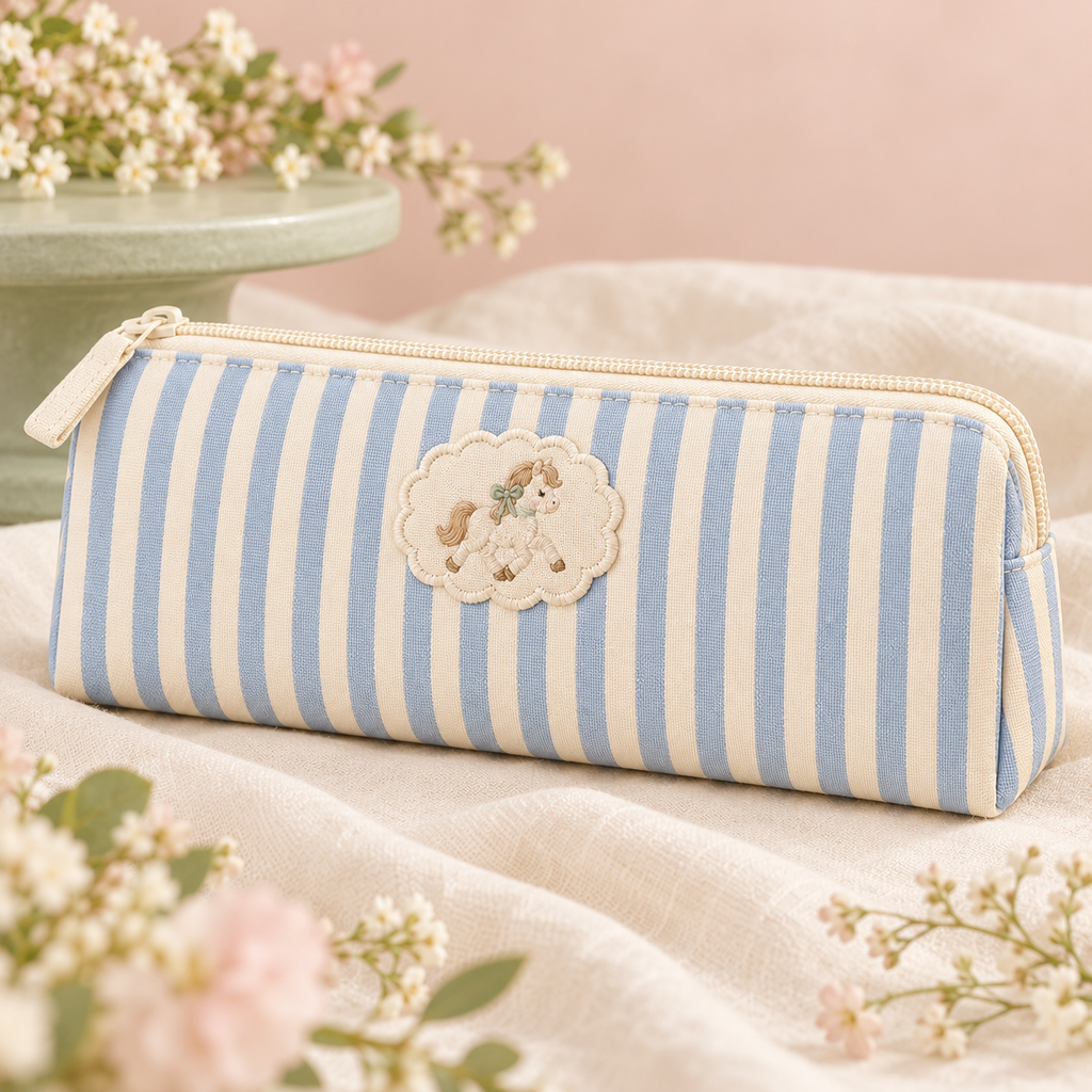ponyinww™ Bluebell Desk Pencil Pouch — Striped Cotton Pencil Case, Embroidered Pony Pen Bag & Small Stationery Organizer