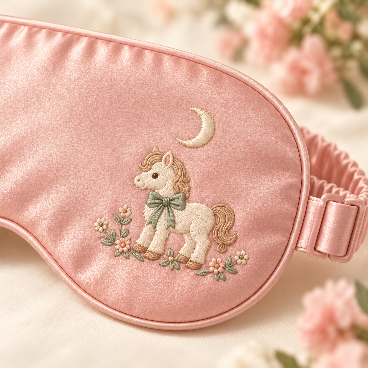 ponyinww™ Moon Pasture Satin Sleep Mask — Embroidered Pony Eye Mask, Adjustable Travel Eye Cover & Storage Pouch